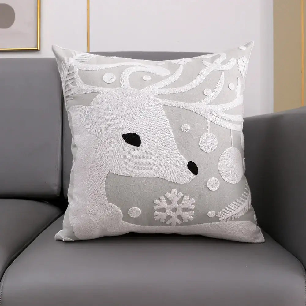 Soft gray cushion cover with white embroidered reindeer snowflakes and ornaments decorbites christmas décor 45x45cm