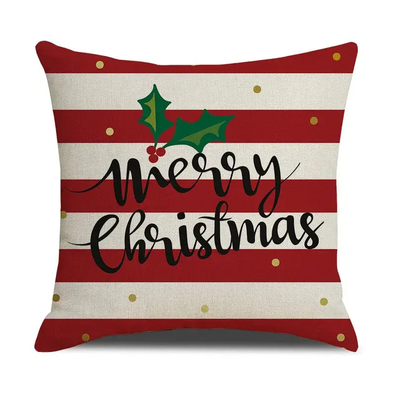 Decorbites christmas deer cushion cover in red and white stripes with merry christmas text and gold polka dots linen material