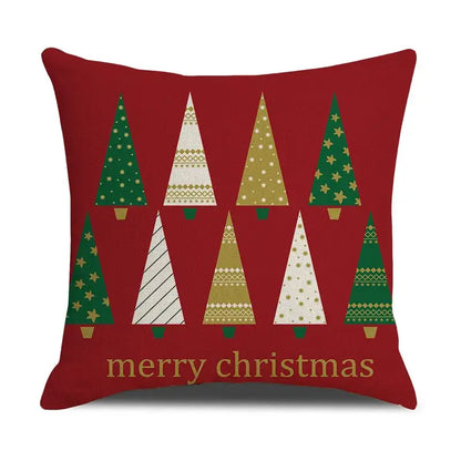Red throw pillow cushion cover with festive christmas tree pattern and merry christmas text decorbites christmas deer linen