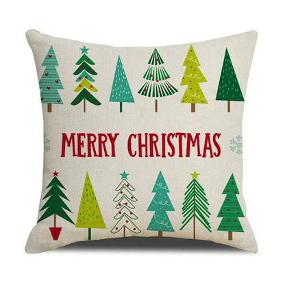 Beige linen cushion cover with festive green and teal christmas trees and red merry christmas text from decorbites christmas deer collection