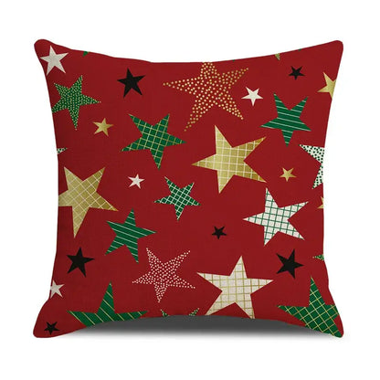Red throw pillow cushion cover with festive green gold black and white star pattern for decorbites christmas deer linen
