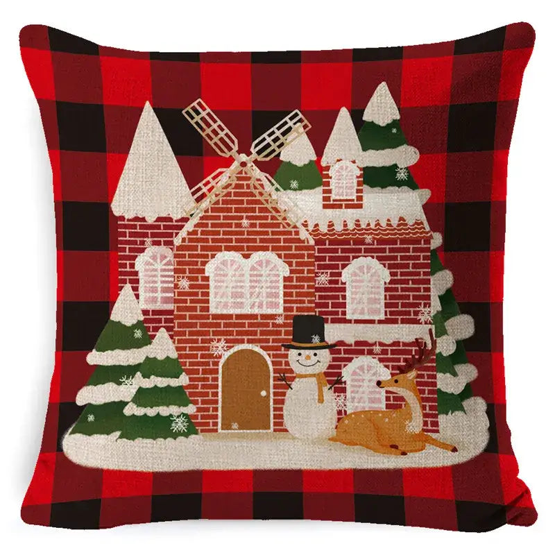 Red and black plaid linen pillow cover featuring a festive gingerbread house christmas deer for sofa decor by decorbites christmas deer