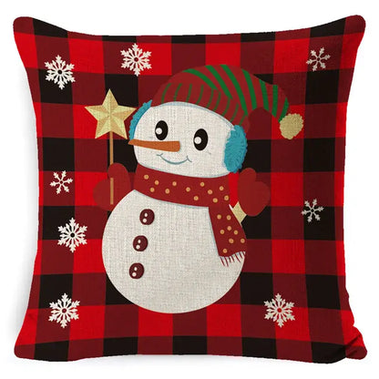 Decorbites christmas deer pillow cover red and black plaid linen with a snowman for home sofa decor 45x45cm