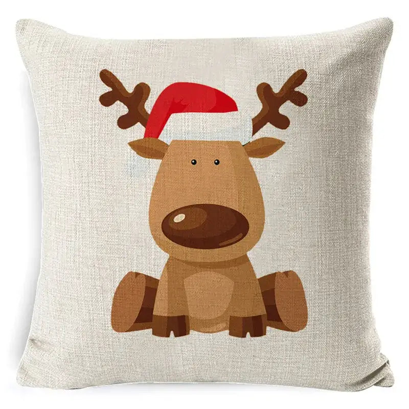 Beige linen pillow cover featuring a cartoon christmas deer wearing a red santa hat from decorbites christmas deer collection