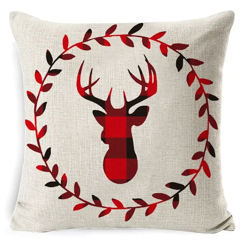 Beige linen pillow cover with red and black plaid christmas deer and wreath design by decorbites christmas deer
