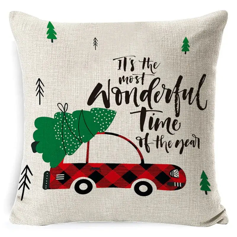 Beige linen pillow cover with a red and black plaid car carrying a green christmas tree decorbites christmas deer design