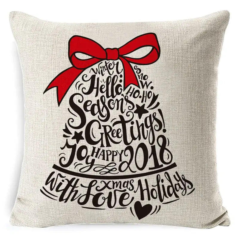 Beige linen pillow cover with decorbites christmas deer festive bell design and holiday greetings for sofa decor
