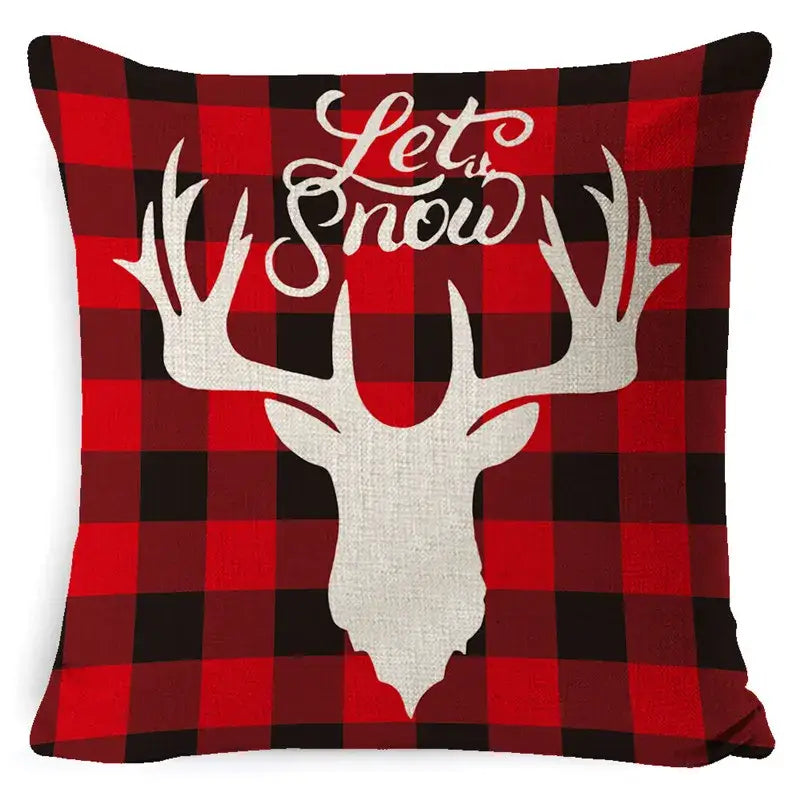 Decorbites christmas deer pillow cover in red and black plaid with white deer head and let it snow text for sofa decor
