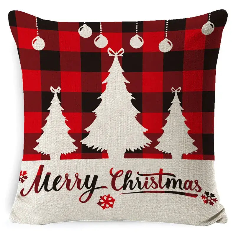 Red and black plaid linen pillow cover with white christmas tree silhouettes and merry christmas script by decorbites christmas deer