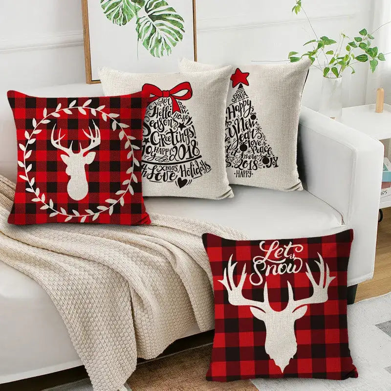Red and black plaid linen pillow cover with white deer silhouette wreath for decorbites christmas deer sofa decor