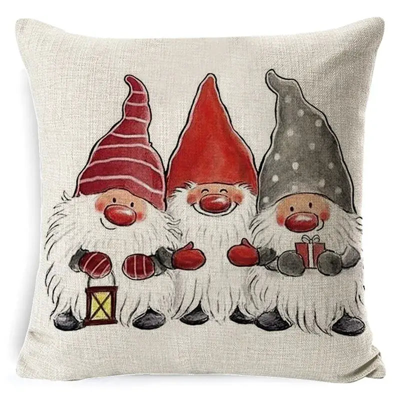 Beige linen pillow cover with festive gnome illustration for decorbites christmas deer home sofa decor 45x45cm