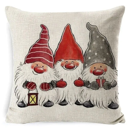 Beige linen pillow cover with festive gnome illustration for decorbites christmas deer home sofa decor 45x45cm