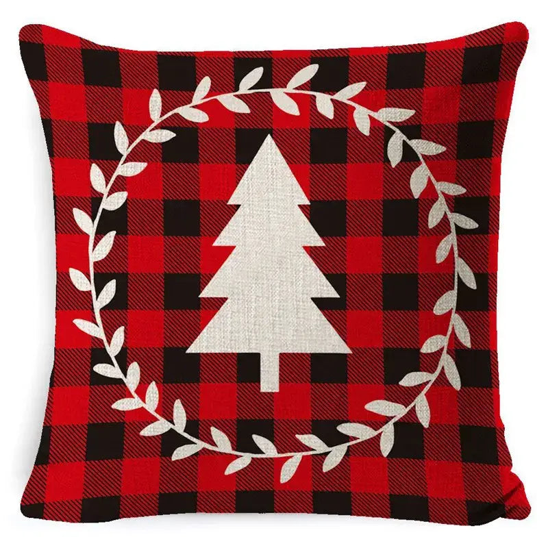 Red and black buffalo check pillow cover with white christmas tree wreath design decorbites christmas deer 45x45cm