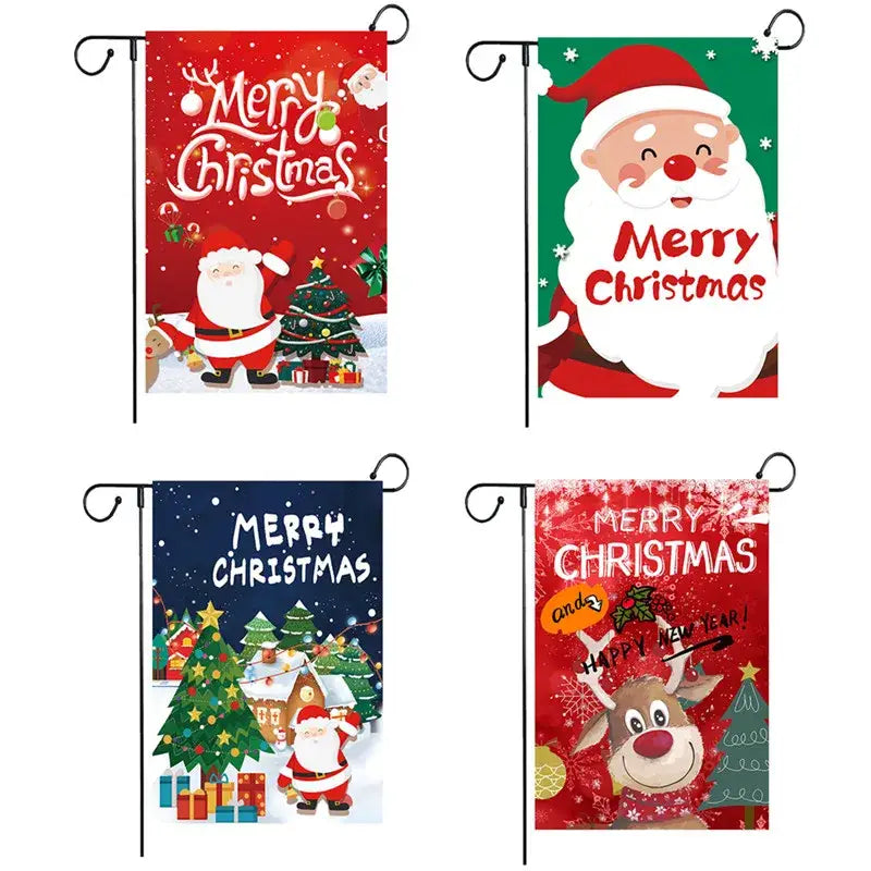 Four DecorBites Christmas deer garden flags with cheerful Santa and reindeer designs on red green and blue backgrounds