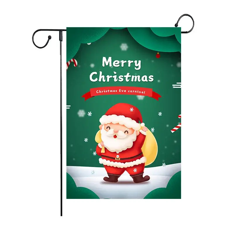 A festive green garden flag from decorbites christmas deer featuring santa claus with snow and candy canes for outdoor decor