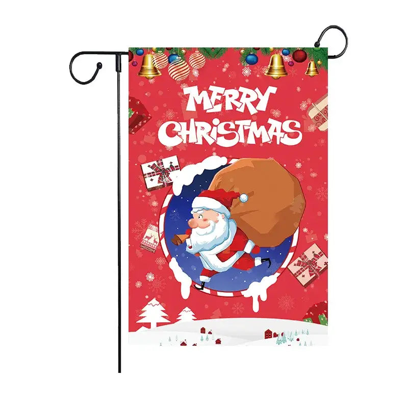 Red christmas garden flag by decorbites christmas deer featuring santa claus with gifts and festive holiday design