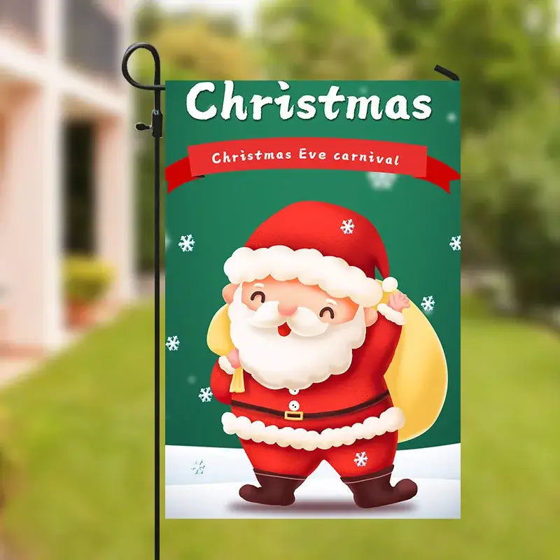 Festive green decorbites christmas deer garden flag with cheerful santa in red and white carrying yellow sack for outdoor use