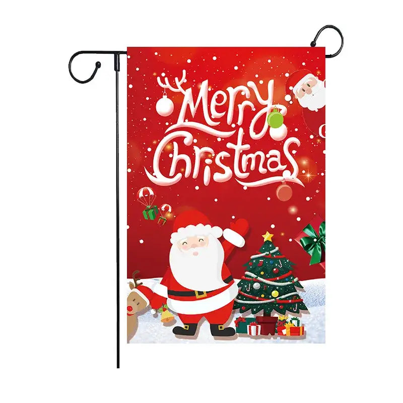 Red christmas garden flag by decorbites christmas deer featuring cartoon santa tree and merry christmas text for outdoor use