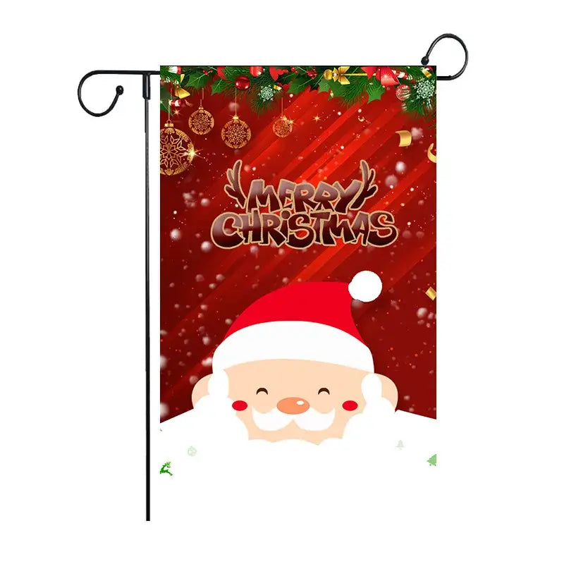 Red and gold decorbites christmas deer garden flag with cartoon santa claus and merry christmas text for outdoor use