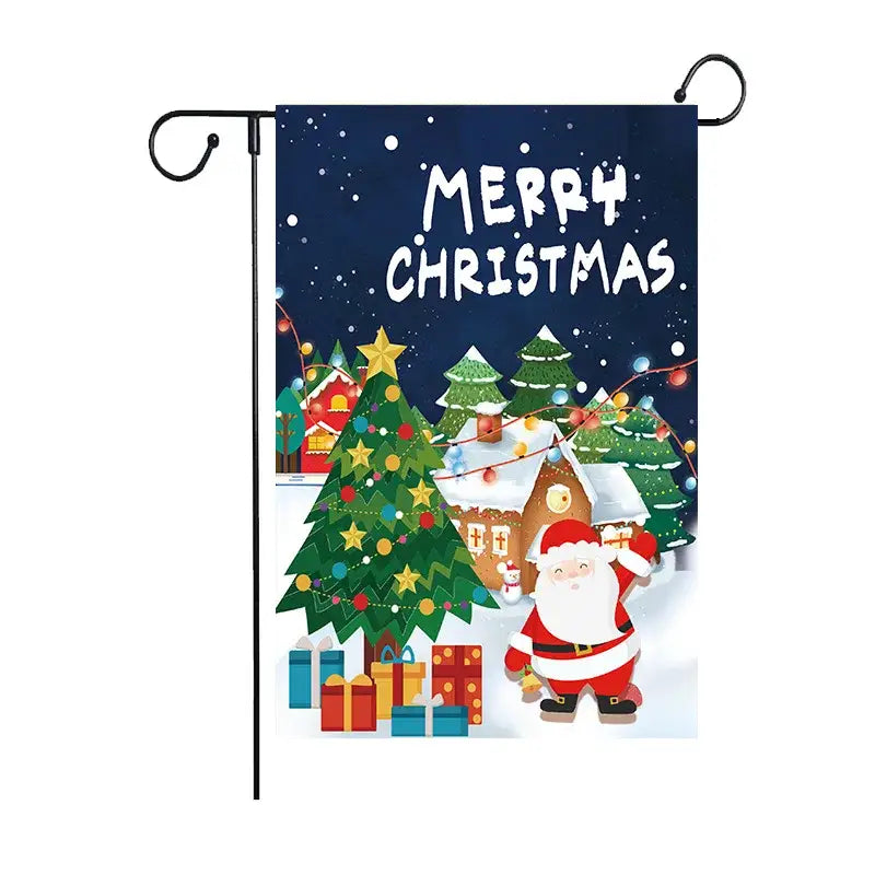 Merry Christmas garden flag by DecorBites featuring santa, decorated trees, presents, and christmas deer on snowy village