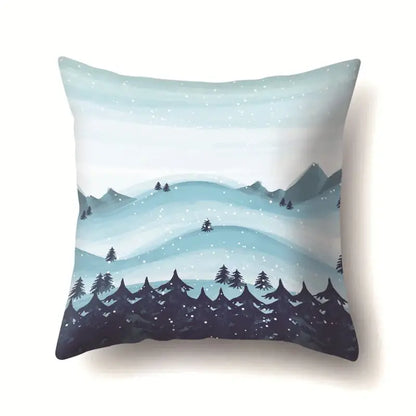 Decorbites christmas deer pillow case with teal and navy blue mountain landscape and snow-dusted evergreen trees