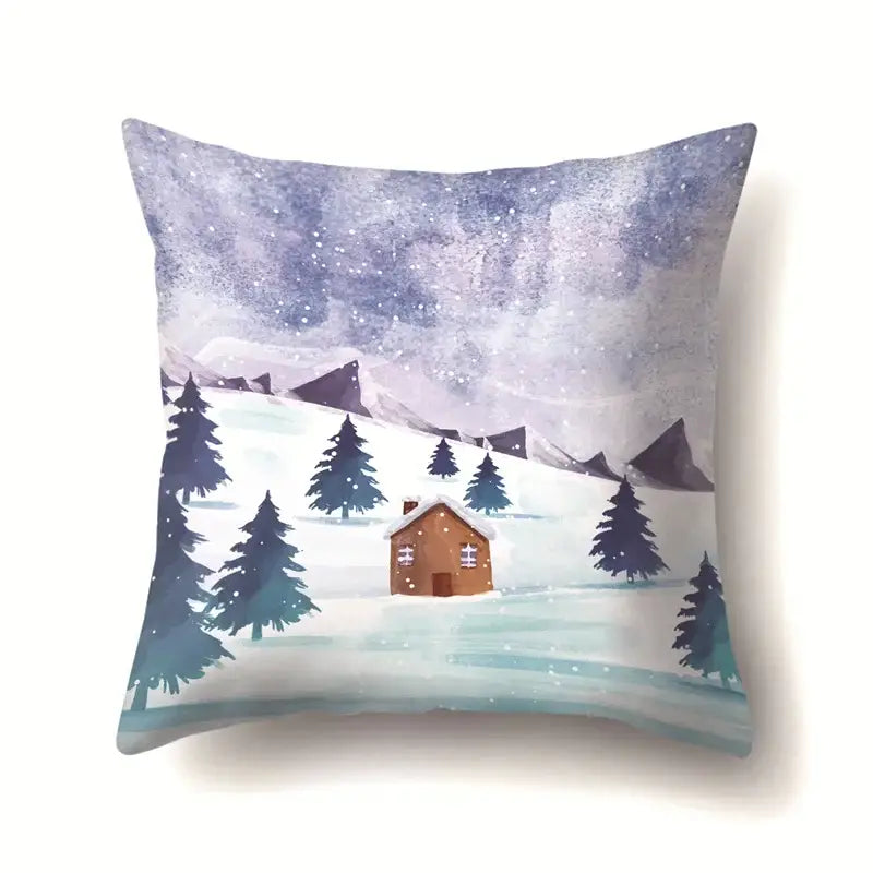 Square pillow case from DecorBites christmas deer featuring a watercolor winter scene with snow and a cozy brown house