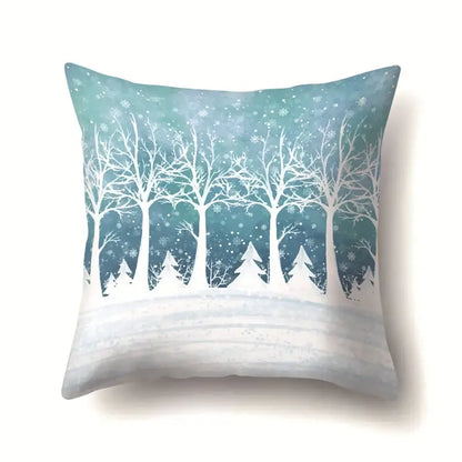 A decorbites christmas deer pillow case with white tree silhouettes and snowflakes on a gradient teal winter scene