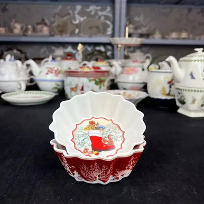 Red and white ceramic bowl with scalloped edges featuring a festive red stocking design from decorbites christmas dinnerware set