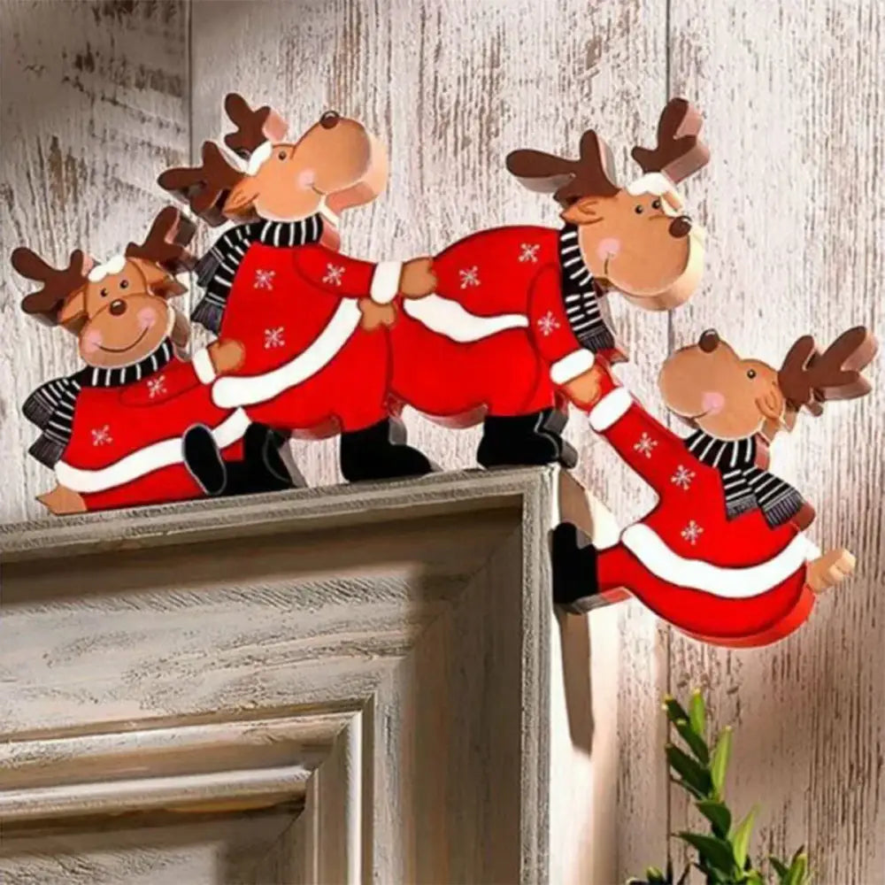 Wooden christmas reindeer wall decor with black and white striped scarves in decorbites christmas door frame set