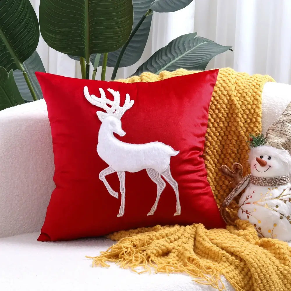 Red velvet decorbites christmas elk pillow cover with white embroidered reindeer design 45x45cm festive cushion