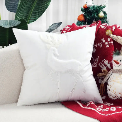 White cushion pillow cover with raised embroidered christmas elk design from decorbites christmas elk collection
