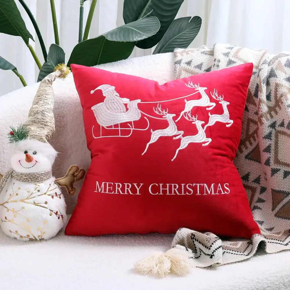 Red velvet decorbites christmas elk pillow cover with white embroidered santa sleigh and merry christmas text