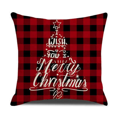 Red and black plaid throw pillow with white cursive i wish you merry christmas design decorbites christmas elk letter