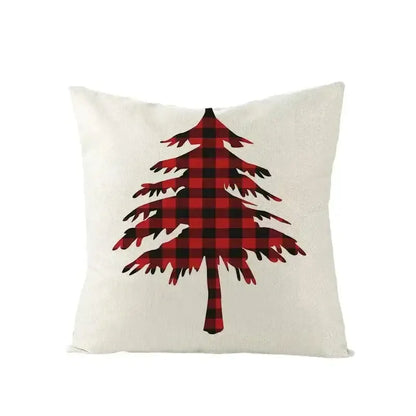 White throw pillow with decorbites christmas elk red letter design featuring a red and black plaid pine tree pattern