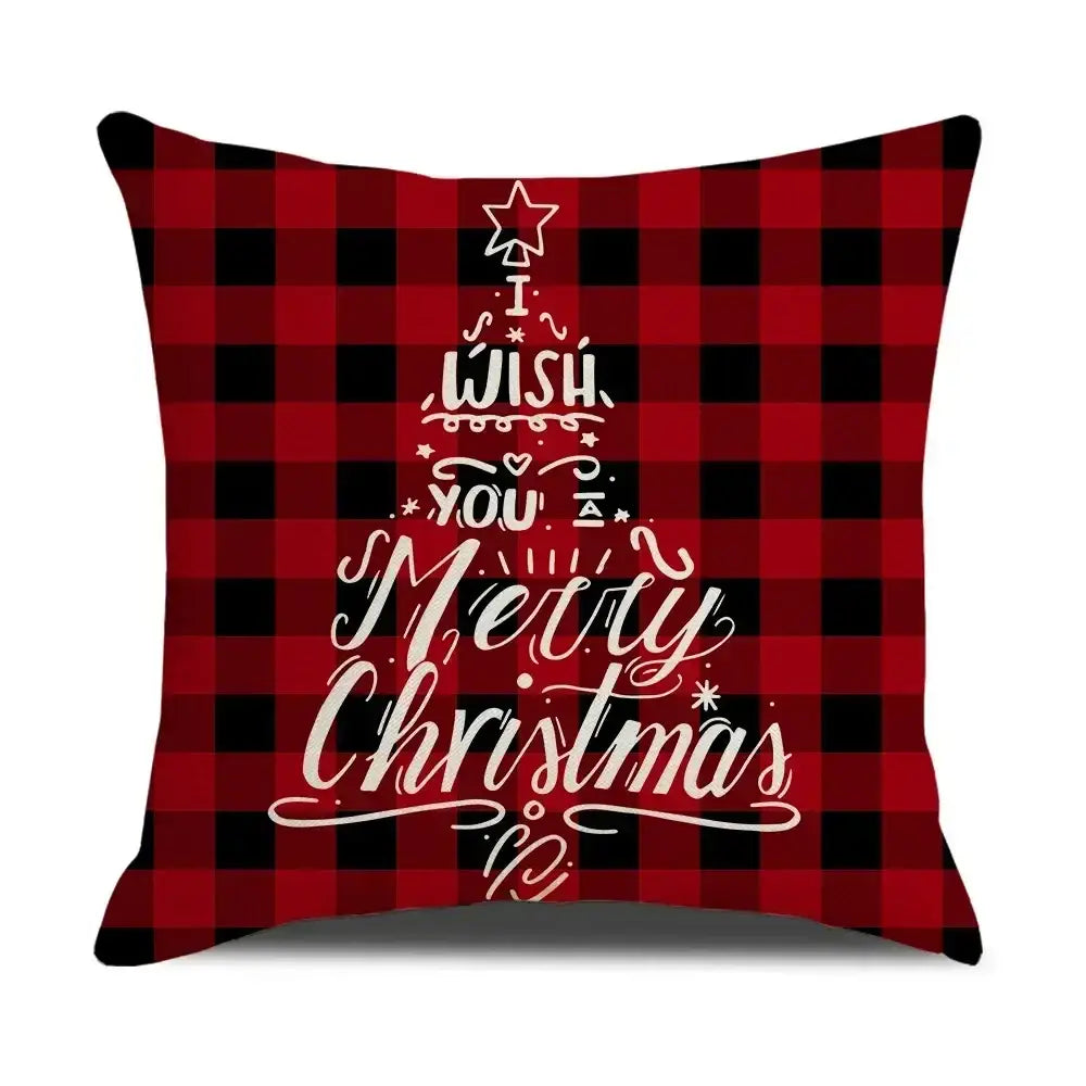 Decorbites christmas elk red and black plaid throw pillow with white cursive christmas elk pillowcase red letter design