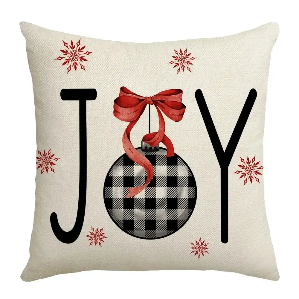 Beige DecorBites Christmas elk pillowcase with black and white checkered ornament red ribbon bow red letter design joy text
