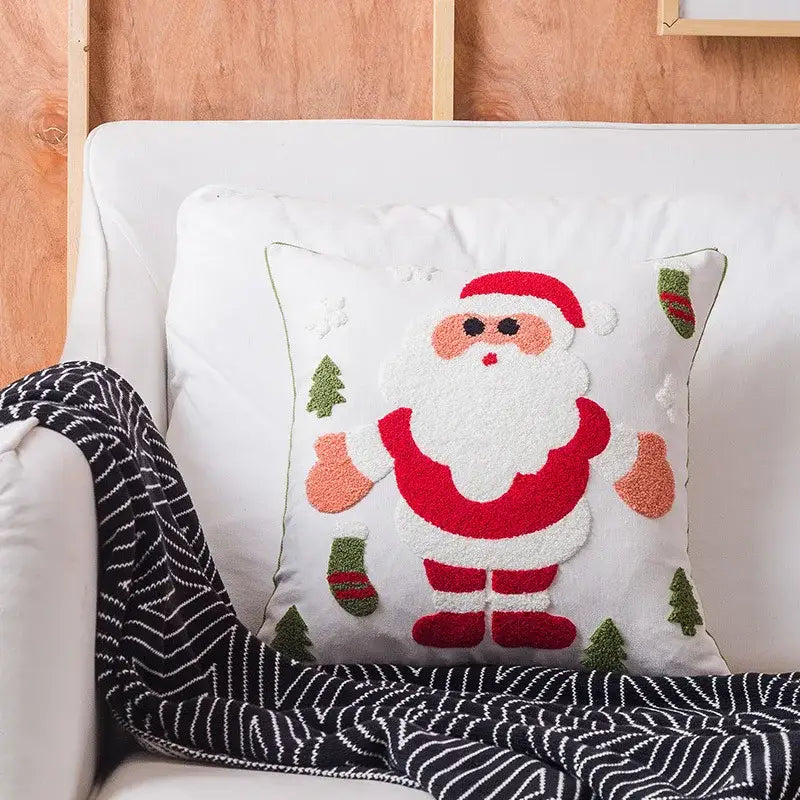 White christmas embroidered cotton pillow cover by DecorBites featuring fluffy santa and green pine trees design
