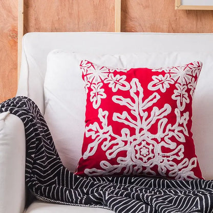 Red cushion cover with white embroidered floral and snowflake patterns decorbites christmas embroidered cushion