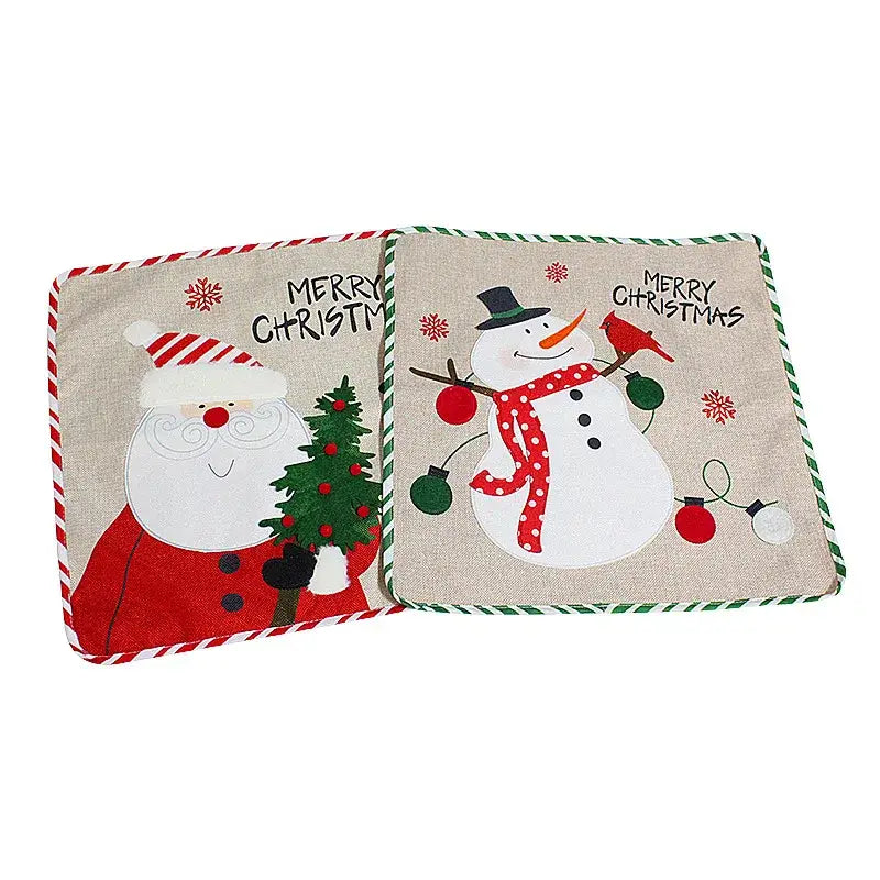 Beige linen christmas embroidered pillowcase 45x45cm with decorbites christmas embroidered santa and snowman designs