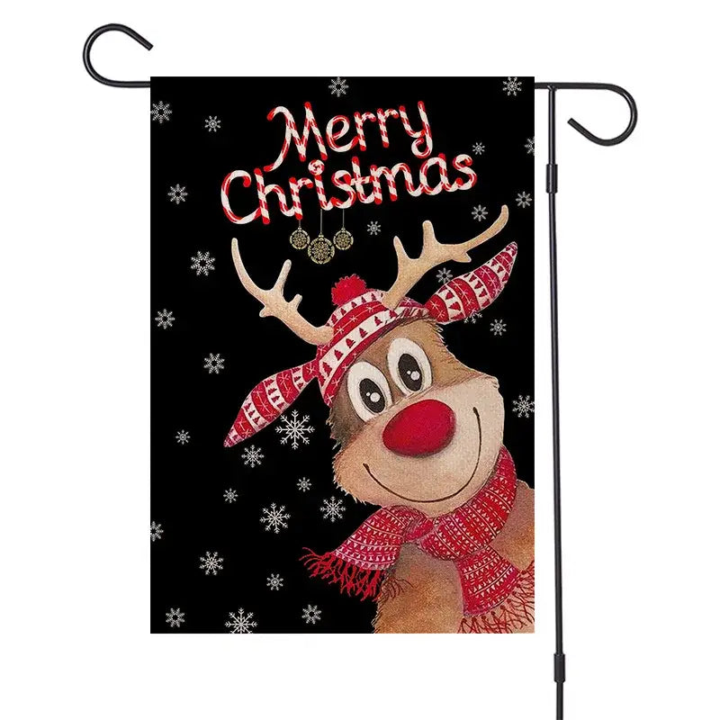 Decorbites christmas festive black garden flag with cheerful reindeer and merry christmas glittery red lettering for outdoor decor