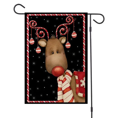 Red and white striped candy cane antlered reindeer garden flag with red nose and scarf by decorbites christmas festive