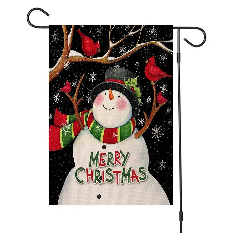 DecorBites christmas festive garden flag featuring a cheerful snowman with cardinals on a starry night sky background
