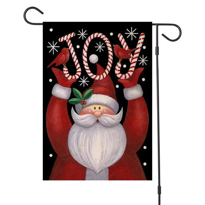 Decorbites christmas festive garden flag featuring red and white santa with candy cane joy lettering and cardinal birds