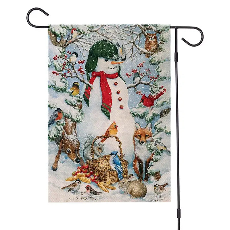Decorbites christmas festive garden flag with snowman, woodland animals, and snowy branches for outdoor holiday decor