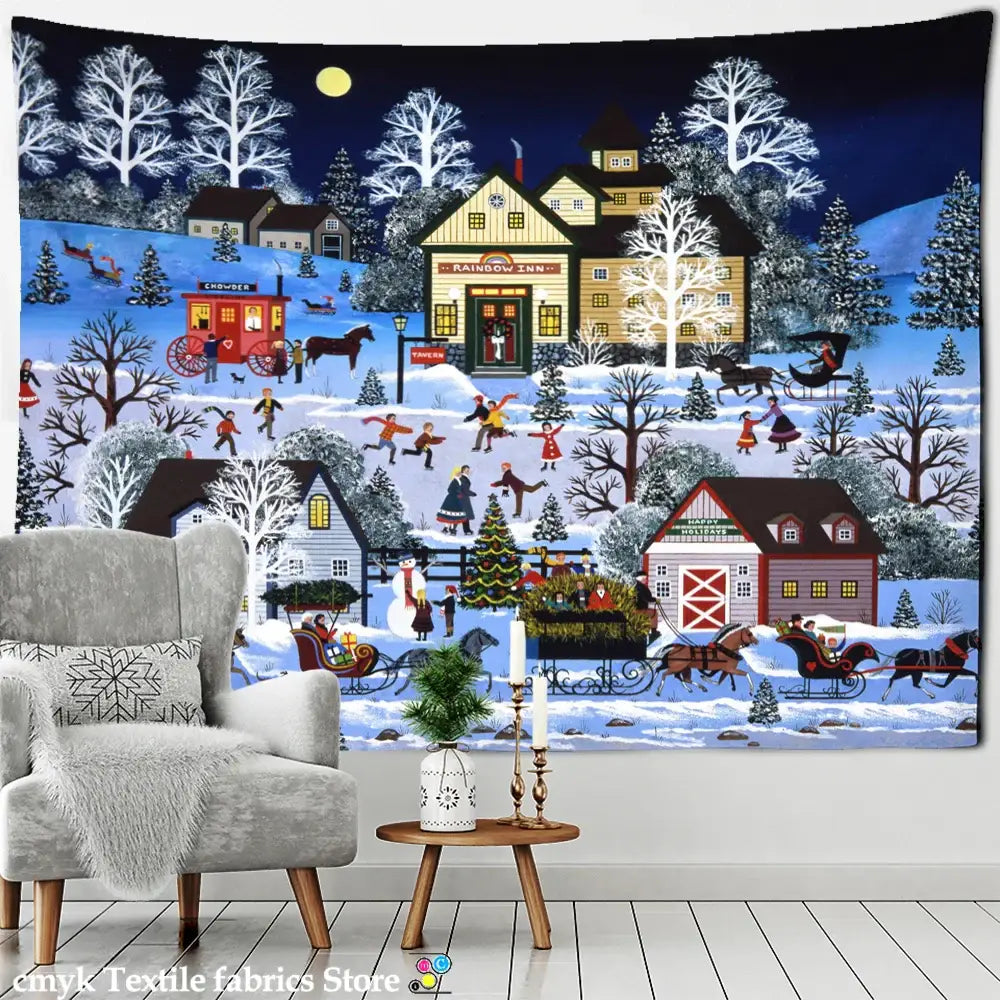 DecorBites Christmas fireplace tapestry wall hanging with vibrant winter village, snow-covered houses, and festive lights