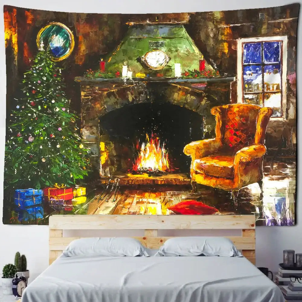 Decorbites christmas fireplace tapestry wall hanging featuring a stone fireplace with flickering flames and festive decor
