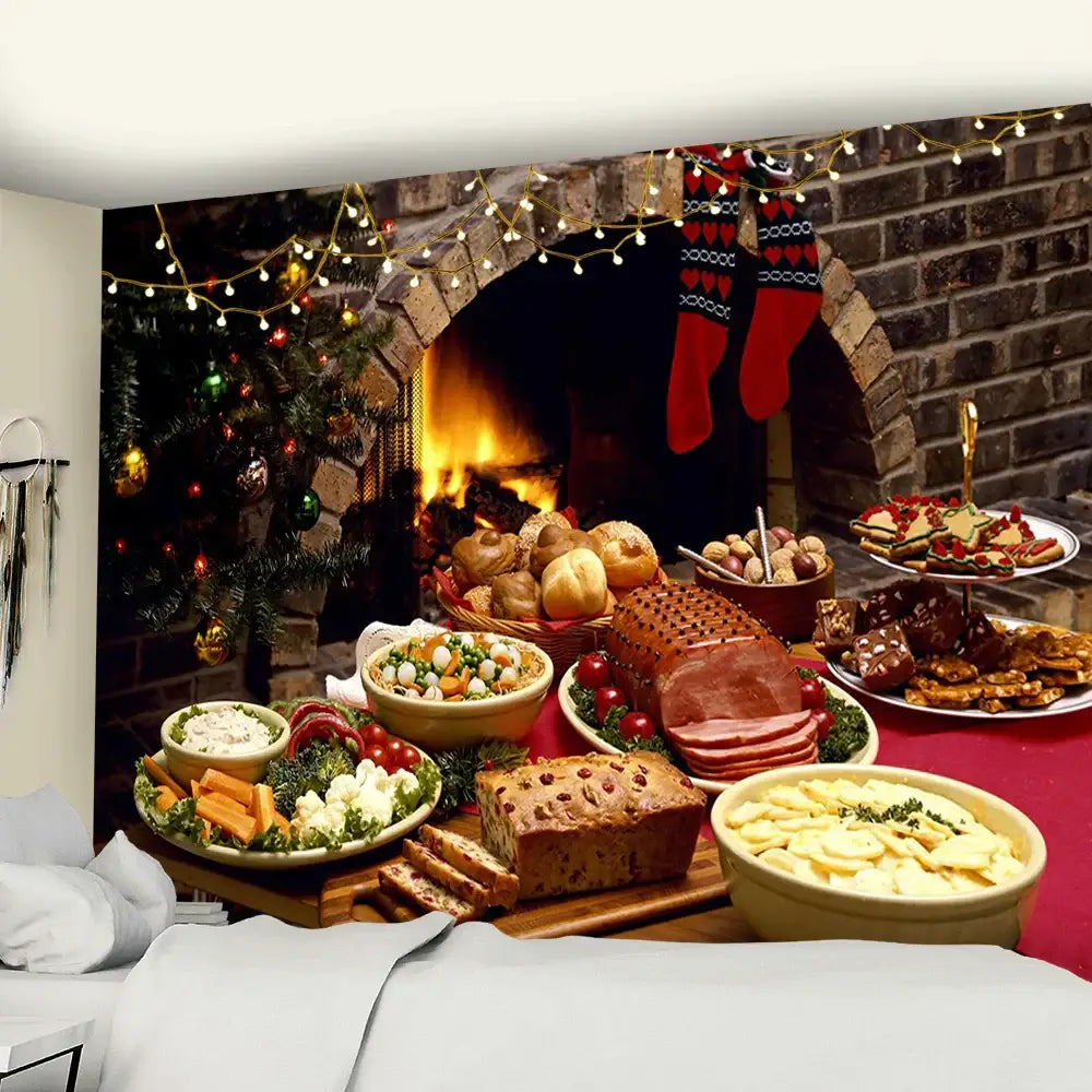 Cozy decorbites christmas fireplace tapestry wall hanging depicting stone hearth with stockings and festive food display