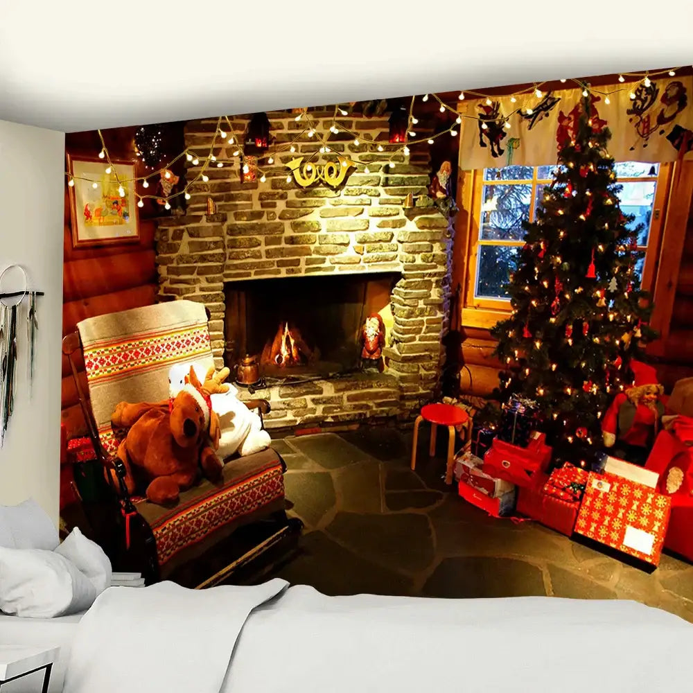DecorBites christmas fireplace tapestry wall hanging with cozy log cabin, stone fireplace, tree, lights, and red gifts