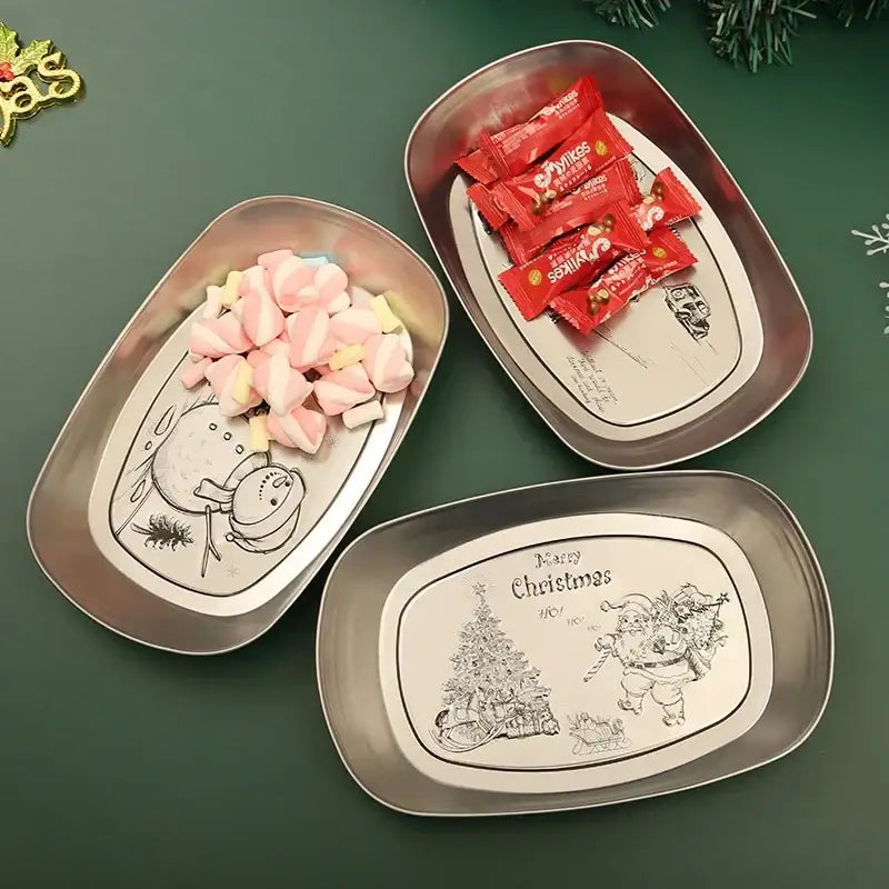 Decorbites™ christmas fruit tray set of three oval metallic plates with engraved santa claus and snowman prints