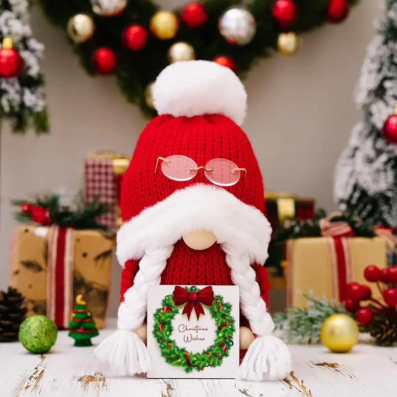 Decorbites™ christmas gnome doll knitted red hat with white fur trim and gold glasses holding a christmas wishes card